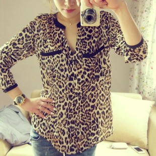 women'slong-sleevedleopardprintshirt女士长袖立领豹纹衬衫