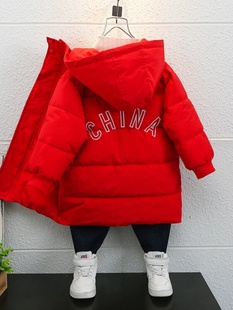 男童冬季中长款加厚棉衣2023红色中国宝宝儿童羽绒棉保暖外套