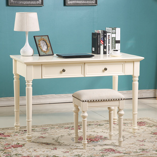 美式全实木书桌象牙白色欧式电脑桌，写字桌办公桌梳妆台化妆桌