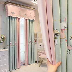 2021粉色女孩窗帘温馨儿童房卡通卧室加厚遮光绣花公主风飘窗