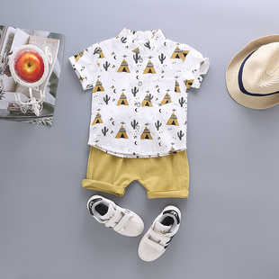 男童夏季棉麻短袖套装，2022婴儿童薄款衬衫，两件套宝宝外出服装