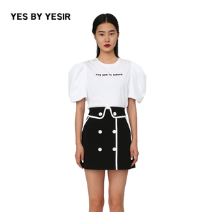 YES BY YESIR叶谦原创设计师小众设计感logo修身薄款泡泡袖T恤