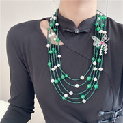 小众设计高级感多层水晶珍珠，绿玛瑙长款多层毛衣，链胸针可拆卸首饰
