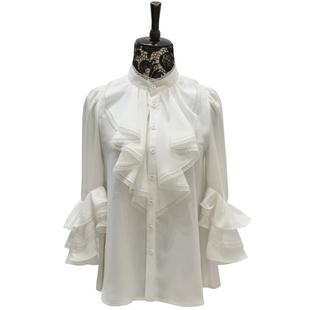 白色衬衫女春季时尚，修身荷叶边喇叭袖，蕾丝边雪纺衫上衣