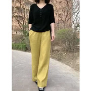 韩国设计师cherrykoko发春夏黑色打底衫，黄色阔腿裤时尚显瘦女