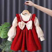 女童套装裙冬季洋气女宝宝红色新年装加绒加厚红色公主裙子两件套