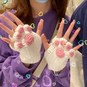 猫爪手套手工毛线编织半指diy材料包成品可爱送女友保暖冬季礼物