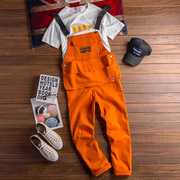美式休闲长裤男女直筒工装吊带裤，潮韩版可拆卸宽松连体背带裤橙色