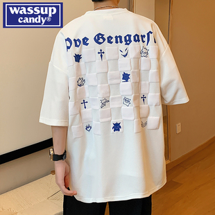 WASSUP CANDY华夫格短袖t恤男夏季美式高街潮流宽松大码重磅上衣