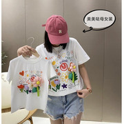 母女亲子装女童纯棉短袖t恤2023韩版洋气立体花朵宽松潮上衣