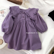 巴拉巴柆韩国2024春夏女童洋气，连衣裙女宝宝娃娃，裙长袖紫色小