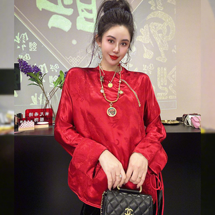 春季新中式时尚长袖圆领，衬衫女士复古气质，中国风提花红色衬衣