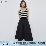 LILY2024春女装复古拼接条纹时尚通勤款优雅针织连衣裙小黑裙