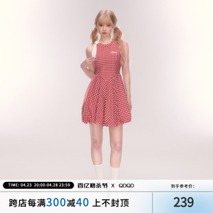 QDQD法式红色格子无袖连衣裙女夏季气质收腰甜美显瘦花苞裙子
