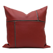 l现代简约红色皮革拼接抱枕，软装样板房床头靠包客厅(包客厅)沙发轻奢大方