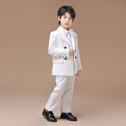 男童白色礼服六粒扣西装套装，儿童表演服正装，主持人男孩钢琴演出服
