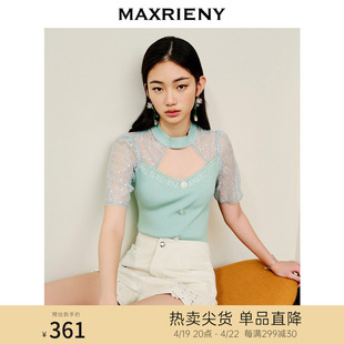 maxrieny国风新中式，网纱蕾丝拼接针织，小衫仙美上衣