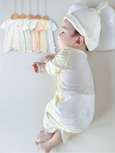 儿童夏季睡衣婴儿护肚开衫连体衣男女宝宝后背，透气网睡袋薄棉短袖
