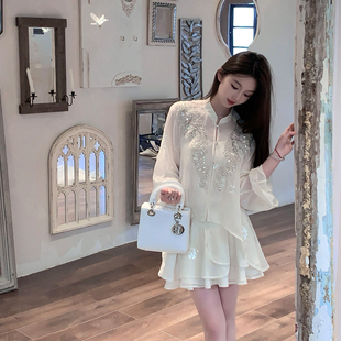 fairyjiang夏季国风刺绣白色雪纺，百褶半身裙高腰显瘦不规则短裙子