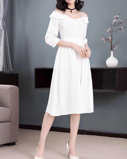 外贸原单 出口欧洲 优雅名媛气质纯白色露肩吊带连衣裙