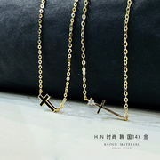 韩国纯14k黄金项链女黑色，十字架简约迷你吊坠，光面锆石锆石锁骨链