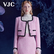 VJC/威杰思秋冬女装粉色小香圆领撞色短款箱型长袖外套