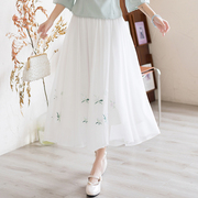 中国风刺绣花雪纺中式半身裙文艺复古中长款大摆裙子白色禅意茶服