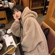 韩国连帽羊羔毛外套女冬季保暖毛毛棉袄上衣宽松加绒加厚棉衣