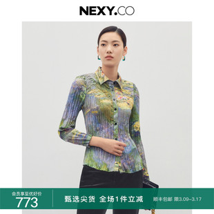 nexy.co奈蔻2023年秋季时尚压褶衬衣，气质小众复古印花衬衫女