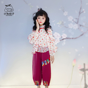 女童复古中国风雪纺碎花上衣民族风裤子套装两件套公主童装新