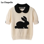 拉夏贝尔lachapelle娃娃领短袖针织衫女夏设计感短款t恤上衣