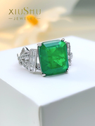925时尚轻奢小众设计人工祖母绿纯银戒指镶嵌高碳钻复古百搭气质