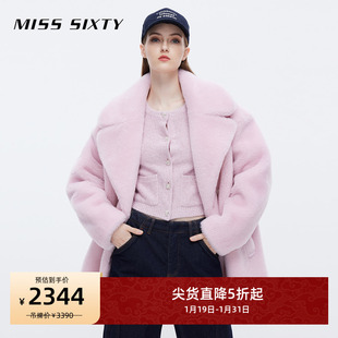 Miss Sixty2023冬季外套女气质浅粉色中长款保暖加厚羊毛皮草