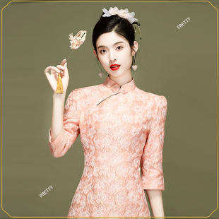 中国风改良短旗袍小个子春季女装荷叶边连衣裙宴会新娘敬酒服