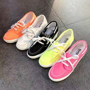 韩国东大门女鞋2024春季圆头，系带荧光色，百搭坡跟帆布鞋单鞋潮