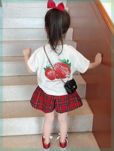 韩系超萌童装女童时髦短袖套装，夏季洋气儿童t恤红格子短裤两