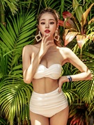 宋智雅同款泳衣女夏高腰收腹度假性感绑带白色比基尼小胸钢托聚拢