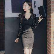 时尚潮流秋冬女装韩版长袖，显瘦v领性感，气质蕾丝边包臀连衣裙