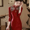 红色旗袍敬酒服新娘2024新中式，订婚礼服长袖，回门连衣裙秋冬款