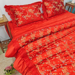 婚庆四件套红色龙凤喜丝绸缎被套四件套结婚复古中式结婚床上用品