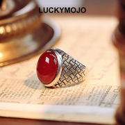 中性复古红玛瑙宝石戒指男S925银个性编织纹肌理食指环女高级感