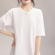 夏季韩版宽松大码过臀中长款白色圆领短袖t恤女棉线背心上衣