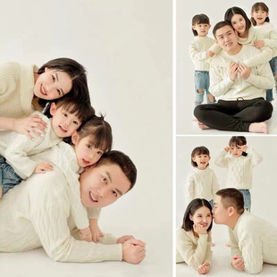 儿童摄影服装影楼拍照新年拍摄时尚亲子装白毛衣(白毛衣)全家福拍照道具