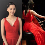 欧阳娜娜同款大小提琴钢琴表演出晚礼服少女童红色雪纺长款连衣裙