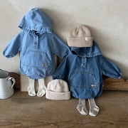 韩国婴儿衣服lala进口童装24春男宝宝纯色外套上衣连帽牛仔连体衣