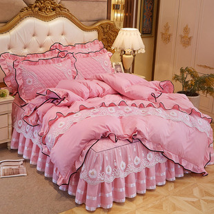 床上用品床裙四件套春夏蕾丝防滑床套单双人床，罩被套4件套1.51.8