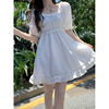 法式甜美泡泡袖连衣裙女夏季蕾丝方领设计白色初恋风收腰公主裙子