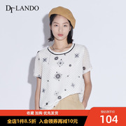 DTLANDO2023夏季白色短袖T恤上衣女圆领印花设计感小众罩衫