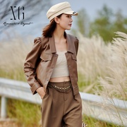 雪歌机车风时尚短款棕色pu皮衣外套2023春季高级感夹克上衣女