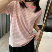 韩国撞色粉色条纹短袖，t恤女春夏2024文艺，女彩棉宽松圆领上衣